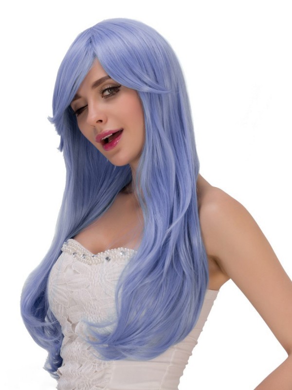 Blau Lang Wellig Cosplay Kunsthaar Kappenlos Perücken Mit Dem Pony 28 Inches