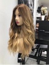 Ombre Mittelscheitel Lang Wellig Kappenlos Echthaar Perücken Mit Seiten Pony 24 Inches