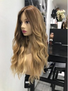 Ombre Mittelscheitel Lang Wellig Kappenlos Echthaar Perücken Mit Seiten Pony 24 Inches