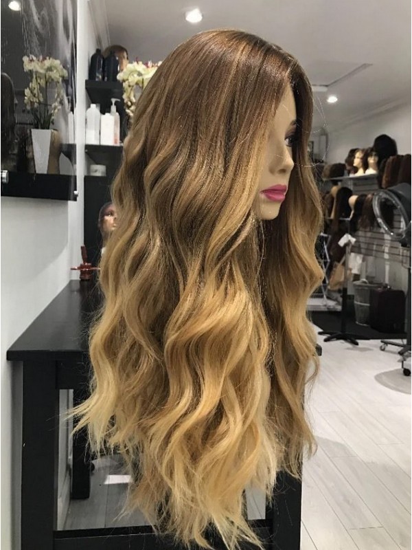 Ombre Mittelscheitel Lang Wellig Kappenlos Echthaar Perücken Mit Seiten Pony 24 Inches